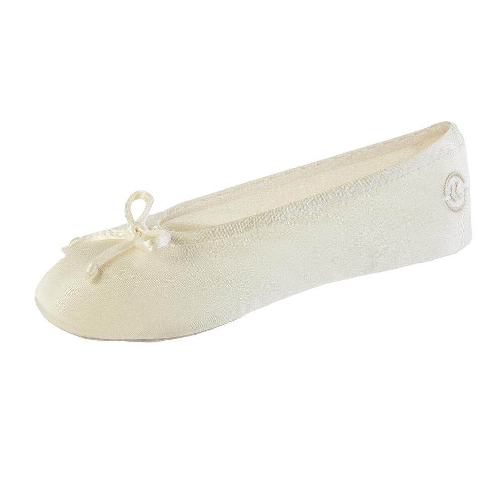 isotoner Women's Satin Ballerina Slippers Bow Tie Cream S 5-6 - Picture 1 of 8